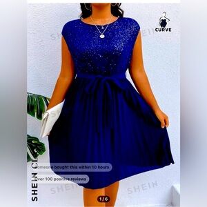 SHEIN Clasi Plus Contrast Sequin Pleated Hem Belted Dress